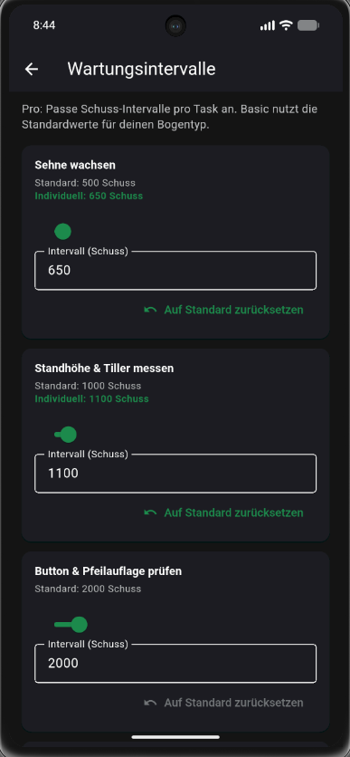 Archerly Wartungsintervalle – schussbasierte Material-Pflege in der App